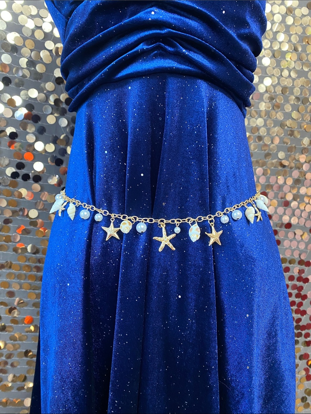 Gold tone chain belt with starfish and shells #351